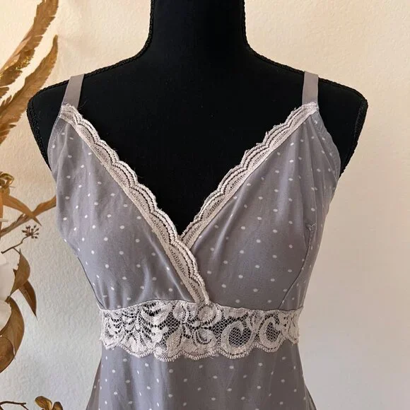 Y2K Grey Babydoll Polka Dot Lace Mini Dress / Lingerie Top XL - Picture 2 of 9
